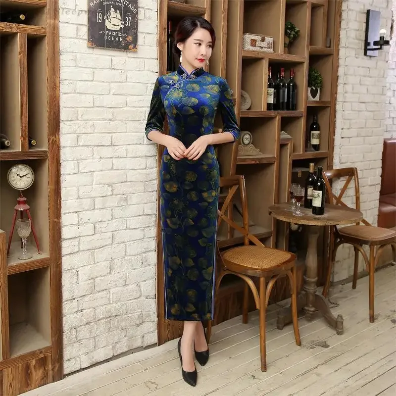 

Spring Autumn New Cheongsam Women Velvet Printed Qipao Mid Sleeve Vestidos Vintage Female Chinese Evening Wedding Dress S-3Xl