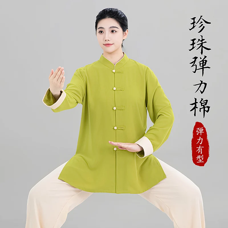 Women's Autumn Tai Chi Suit, Youthful Zen-Inspired Stretch Cotton Baduanjin Practice Wear with Pearl Accents
