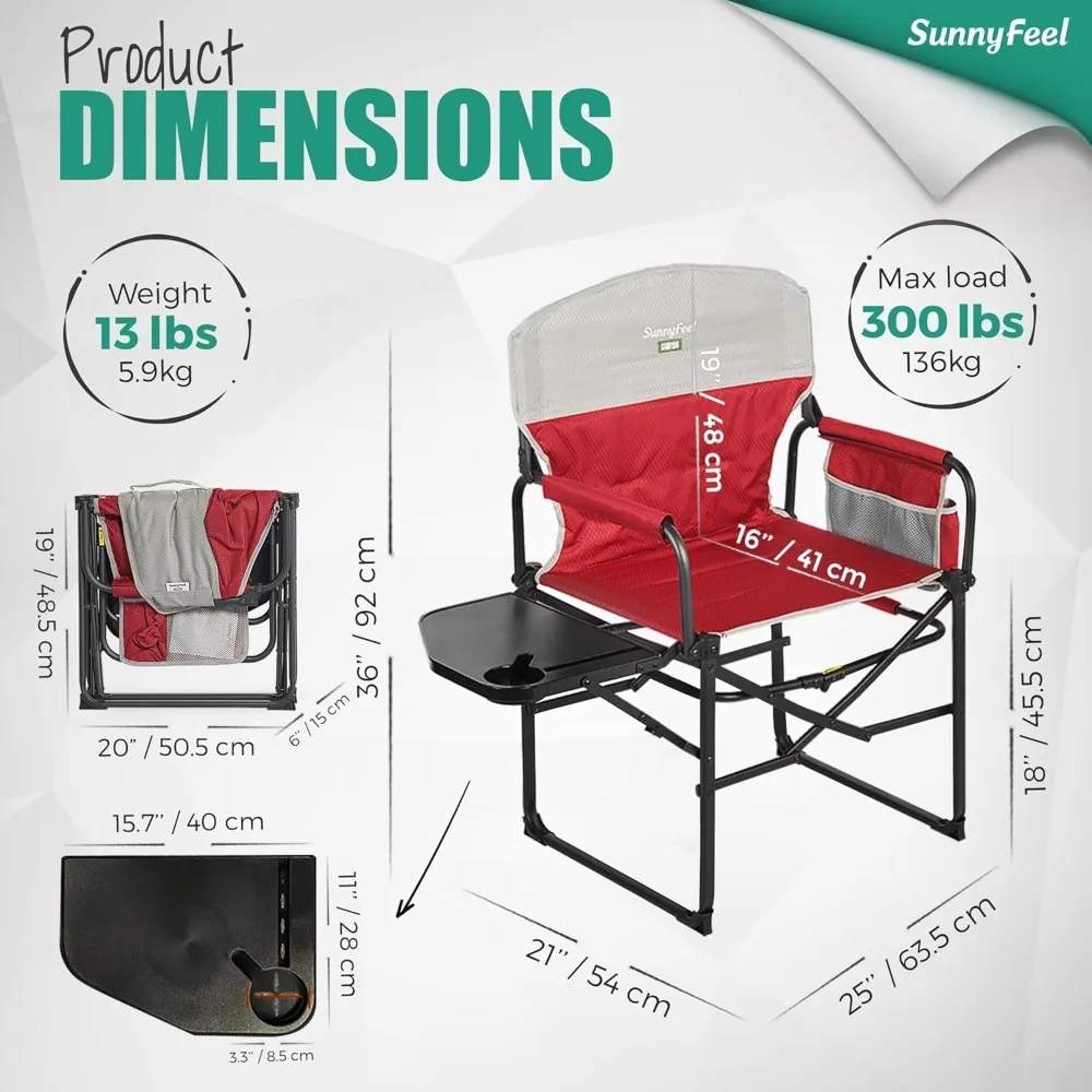 

Oversized Camping Directors Chair 2 Pack, Portable Folding Lawn Chairs for Adults Heavy Duty with Side Table,Pocket for Beach