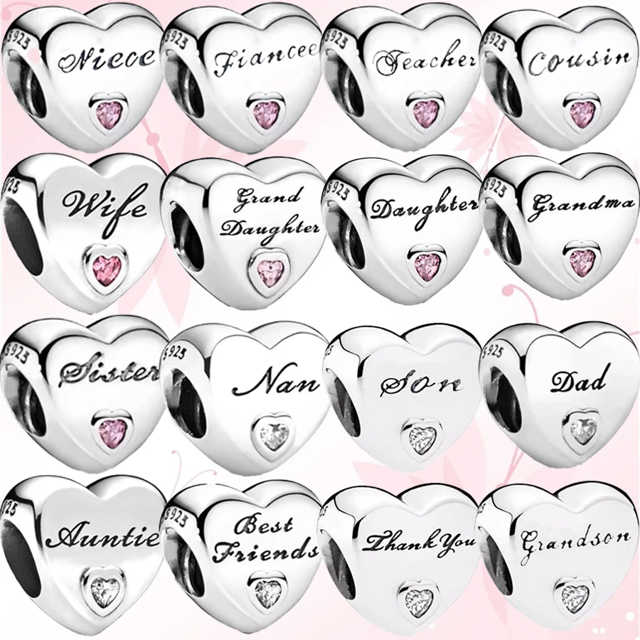 NEW Beads Love You Dad Uncle Auntie Cousin Heart Charms Fit Original Pandora 925 Sterling Silver Bracelet DIY Women Jewelry Gift