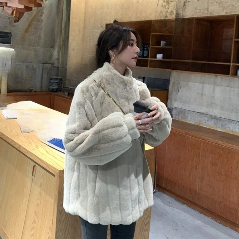 

Autumn and Winter Imitation Rabbit Fur Women's Medium and Long Plush Clothes Loose Lamb Wool Coat Stand-up Collar Wool Coat