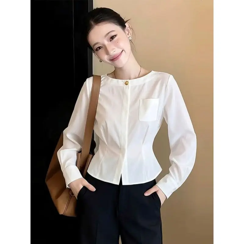 Spring Autumn Long Sleeve Slim Pocket Patchwork Elegant Blouse Solid Simplicity Office Shirt Tops Fashion Korean Women Clothing
