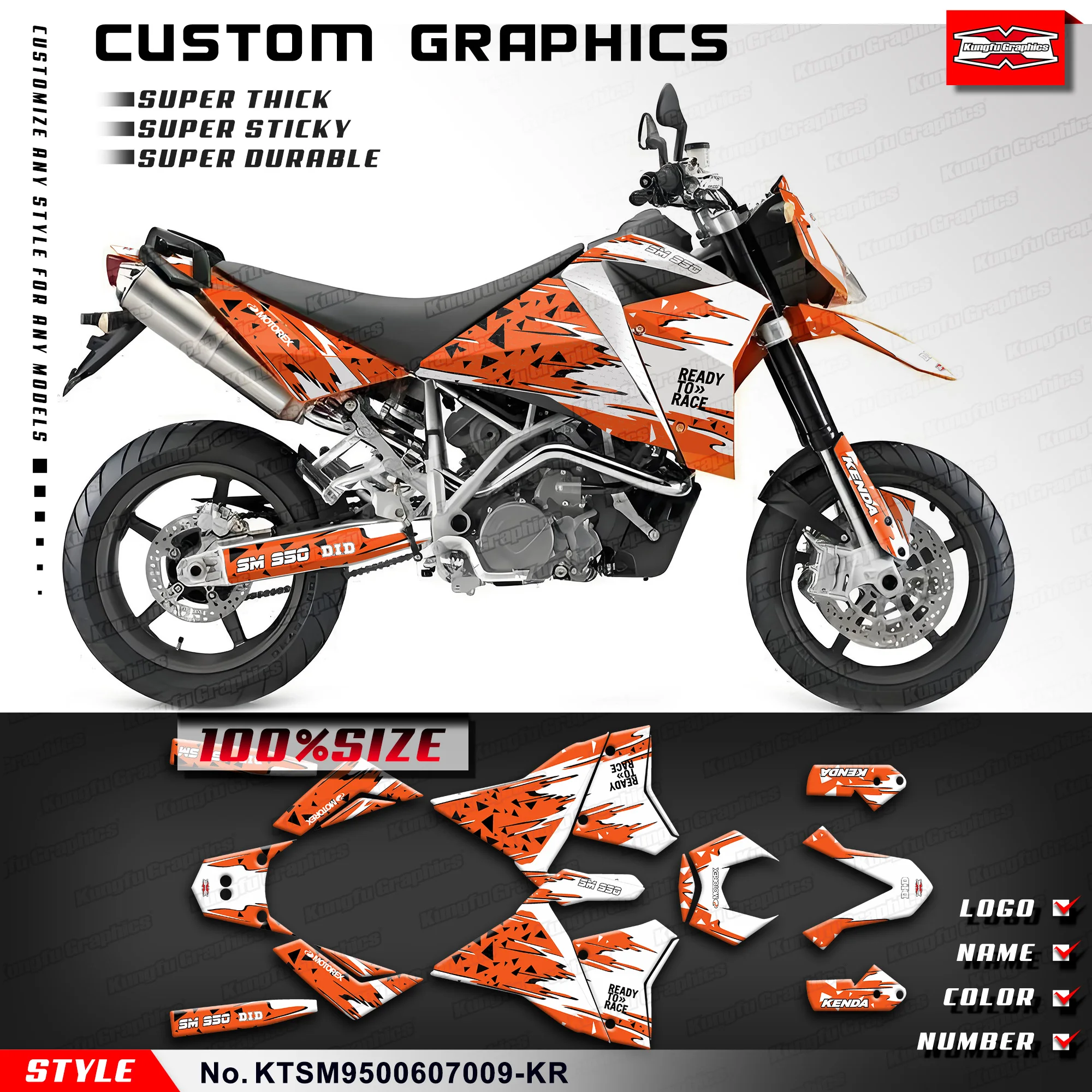 KUNGFU GRAPHICS Graphics Decal Kit Racing Sticker for KTM 950 Supermoto 950 SM 2006-2007, Restyled, KTSM9500607009-KR