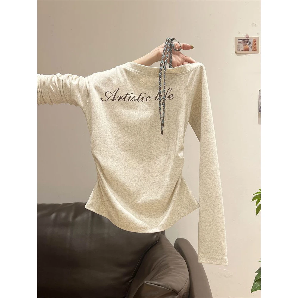 Slim Fit Long Sleeve T-Shirt Women's Early Autumn New Korean Style Elegant Belted Shoulder T-Shirt Versatile Body Shaping Top