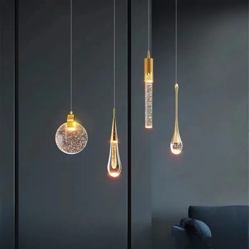 Nordic LED Luxury Crystal Chandeliers Water Drop Lamps Bedroom Bedside Modern Simple Bar Decorative Pendant Lights