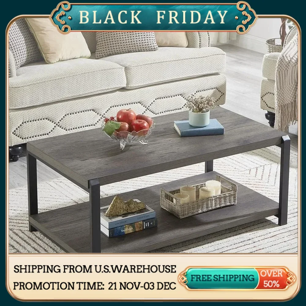 Coffee Table with Storage Shelf, Rustic Wood and Metal Cocktail Table for Living Room, Grey, Suitable for Living Room