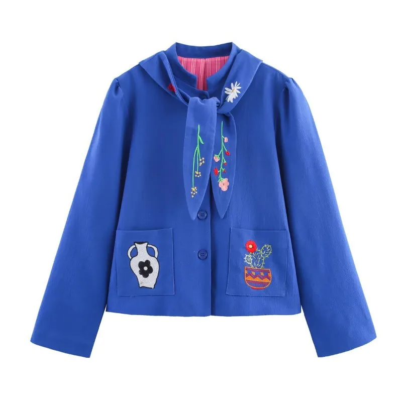 

Pulsefit Embroidery Blue Jacket Coats for Women 2025 Spring New Cute Lace Up Long Sleeve Button Casual New Outerwear 196654
