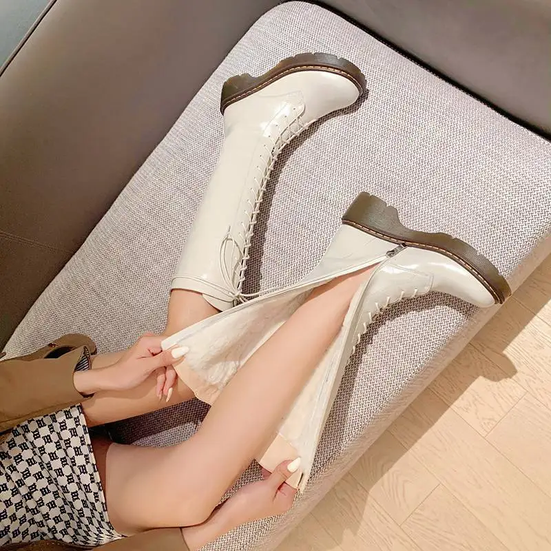 Krazing Pot Vintage Cow Split Leather Wool Snow Boots Winter Keep Warm Round Toe Cross-tied Med Heels Platform Thigh High Boots