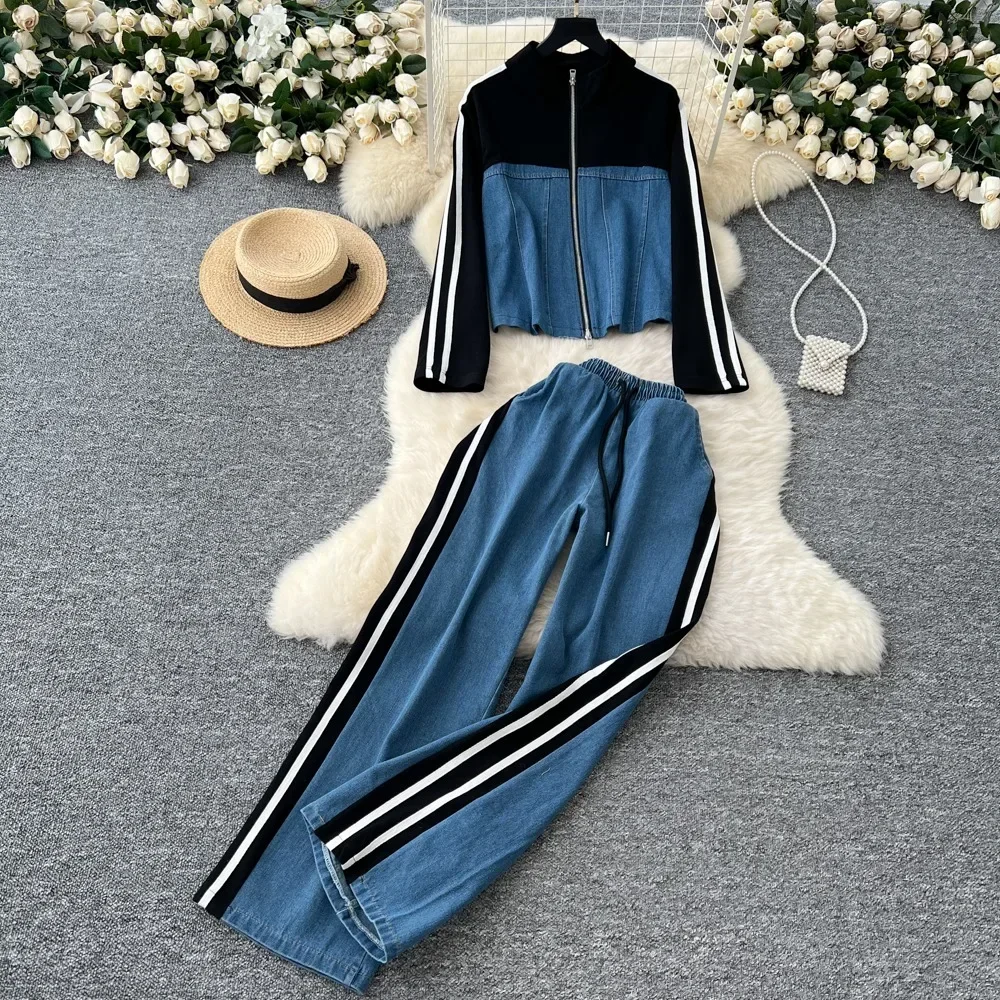 Neploe Hong Kong Style Stand Collar Long Sleeve Vintage Sets Coat Lace Up Straight Wid Leg Pants Casual Denim Moda Suit Trousers