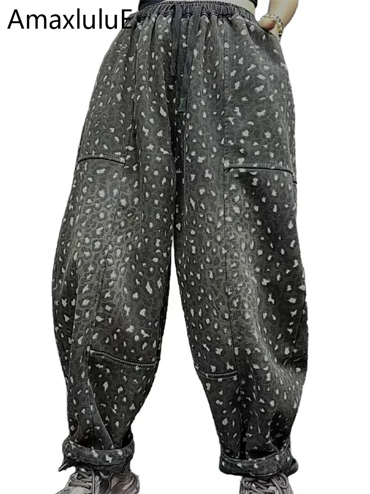 

Amax luluE 2024 Fur Ladies Winter Denim Pants Thicken Classic Jeans Casual Printed Fashion Womens Big Size Warm Harem Trousers
