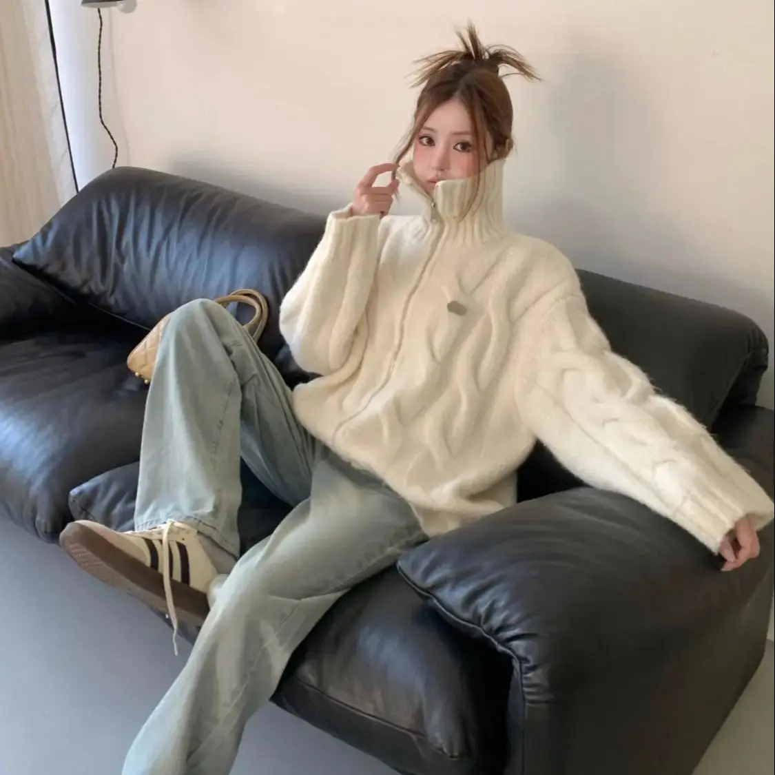Korea Women Cardigan French Simple Style Lapel Sweater Long-sleeved College Style Sweet Twist Dot Bottoming Casual Cardigan