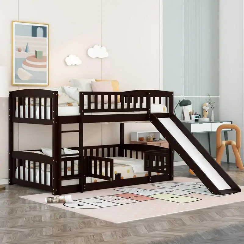 Twin Over Twin Low Bunk Bed with Slide, Fence, and Ladder for Kids and Teens, Espresso Finish