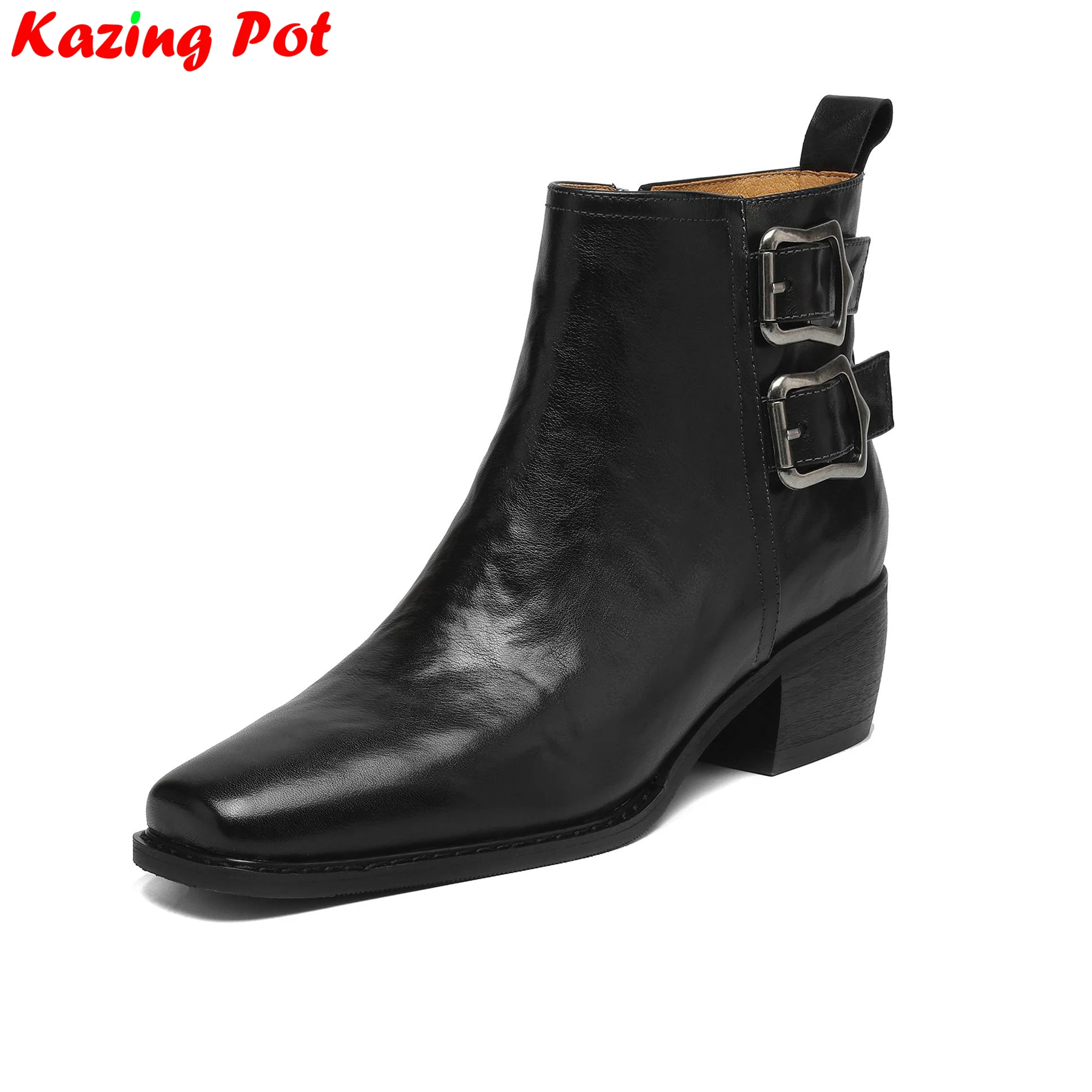 

Plus Size 34-43 Cow Skin High Heels Modern Motorcycles Boots Warm Winter Autumn Shoes Retro Belt Buckle Zipper Women Ankle Boots