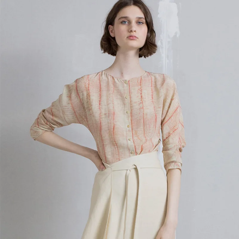 

Withered Elegant Round Neck Breasted High-end Silk Top With Red Stripe Vertical Print Hanging Shirt Woman Clothes Shirts