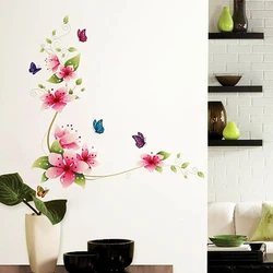 Blooming Pink Flowers Butterfly Wall Stickers For Office Shop Home Decoration Diy NPastoral Art Murals Pvc Decals Plant Posters
