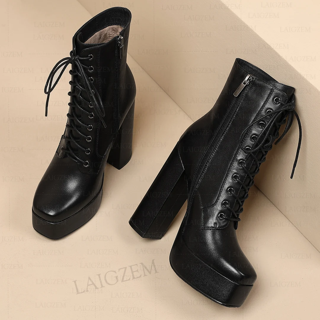 LAIGZEM Women Ankle Boots Real Leather/ Suede Square Toe 13CM Block High Heels Short Boots Ladies Shoes Woman Size 33 38 40 41