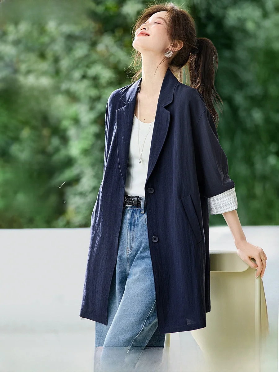 

Женское льняное пальто оверсайз Mehai для весеннего повседневного образа, с отложным воротником, дышащее, с рукавом 3/4, с завышенной талией, на одной пуговице