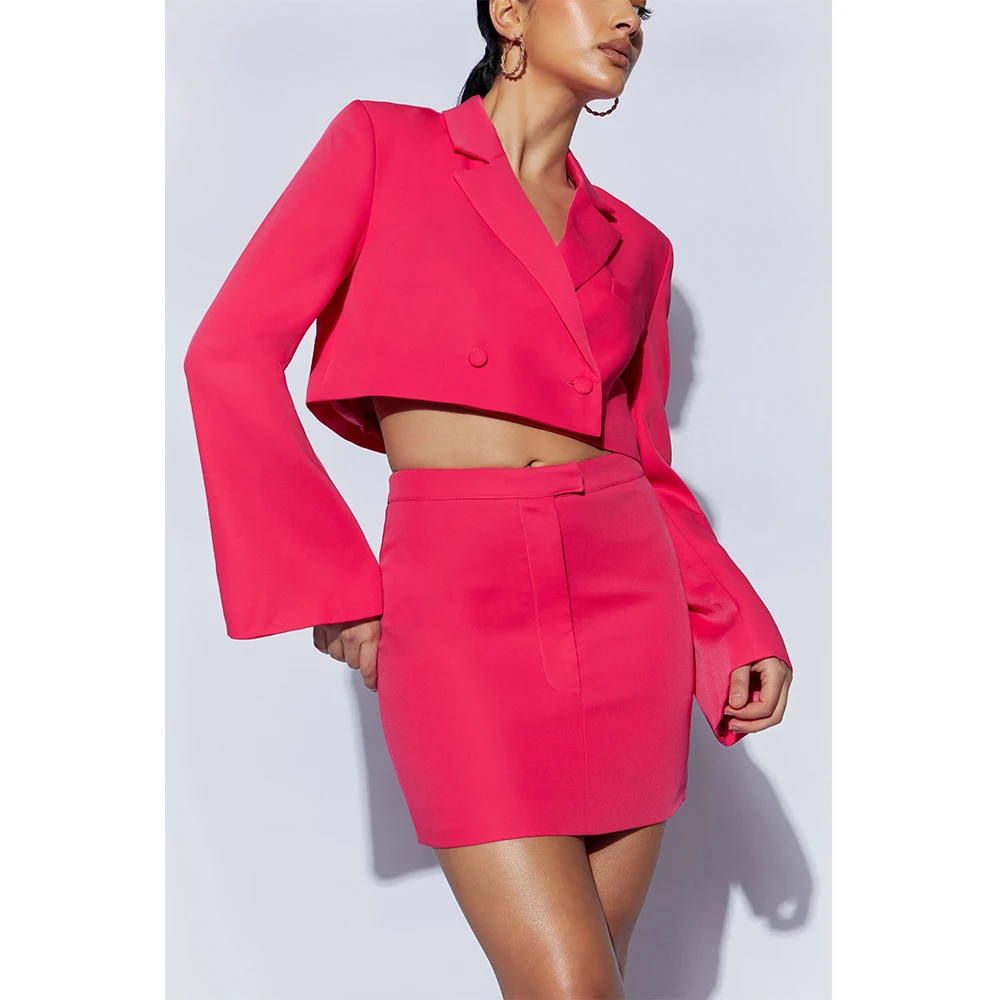 

Tesco Hot Pink Women's Suit with a skirt Summer Office Lady Double Breasted Blazer Customized 2 Piece Suit Jacket Set