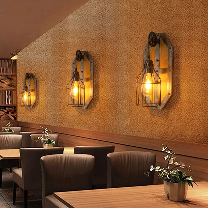 

Vintage Industrial Style Iron Wall Lamp Personalized Wood Bar Coffee Shop Restaurant Bar Counter E27 interior Wall Light