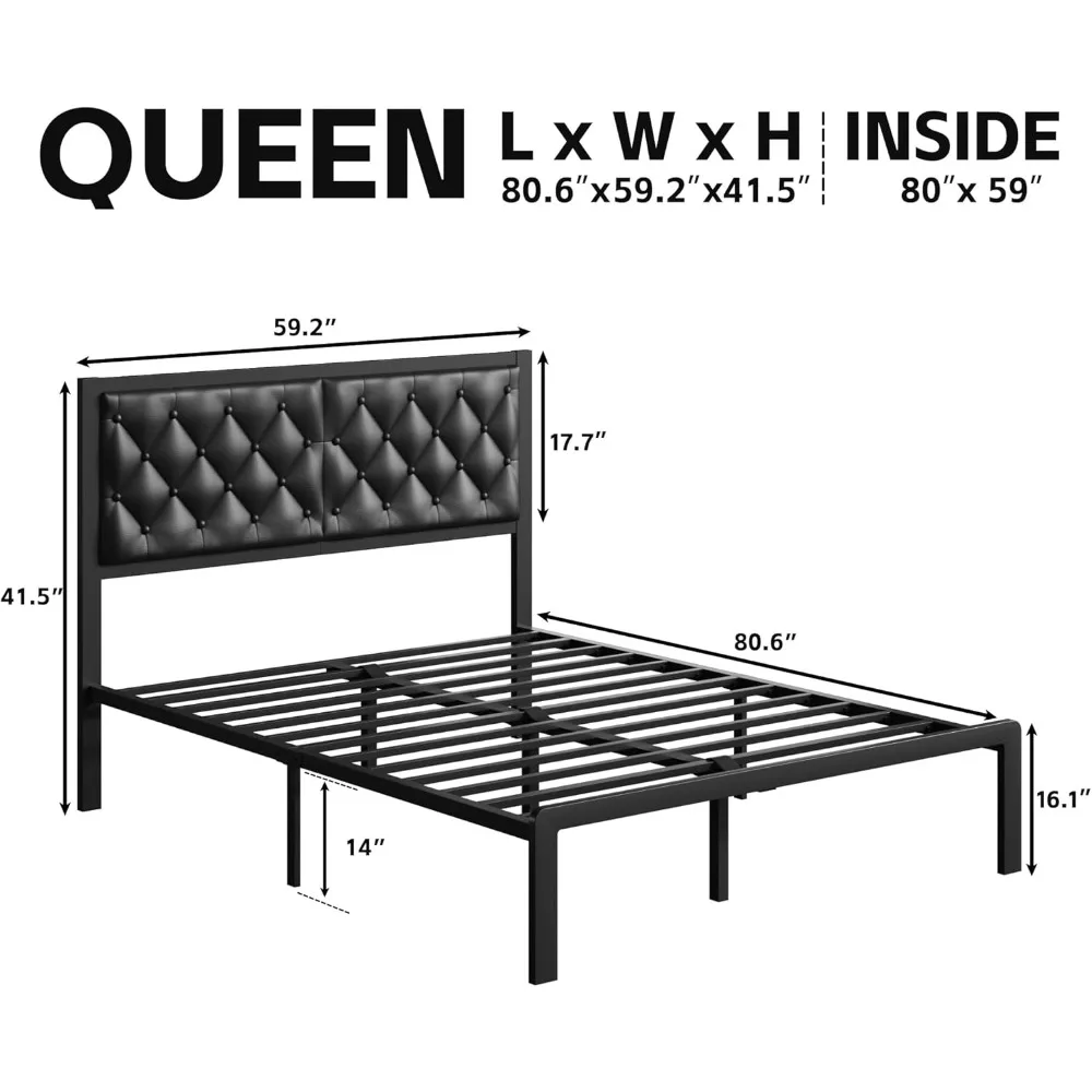 إطار سرير كوين مع منصة إطار سرير منجد من جلد البولي يوريثان على اللوح الأمامي، جميع الشرائح المعدنية تدعم إطار سرير بمنصة مع مساحة تخزين #2