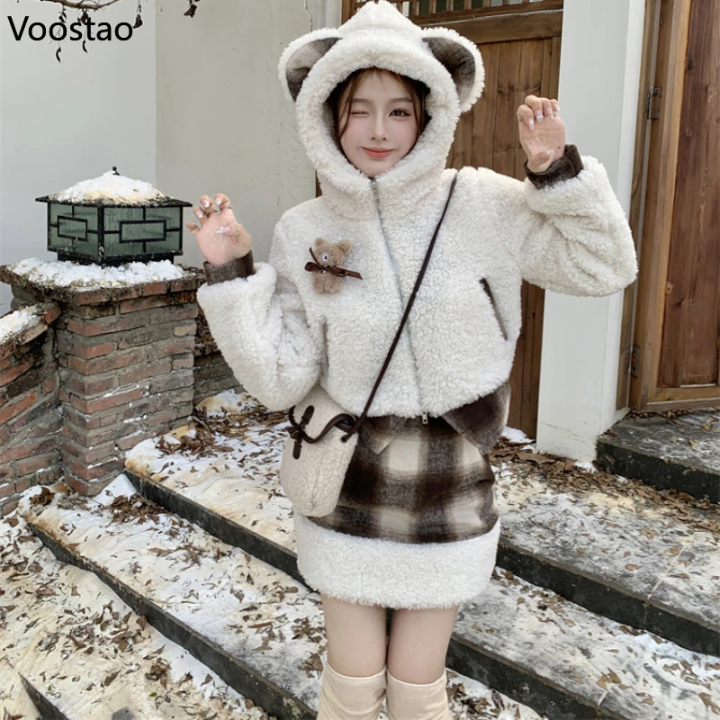 Autumn Winter Lolita Skirt Sets Women Sweet Cartoon Bear Ears Hooded Lambswool Short Jacket Mini Plaid Skirt Female 2 Piece Set