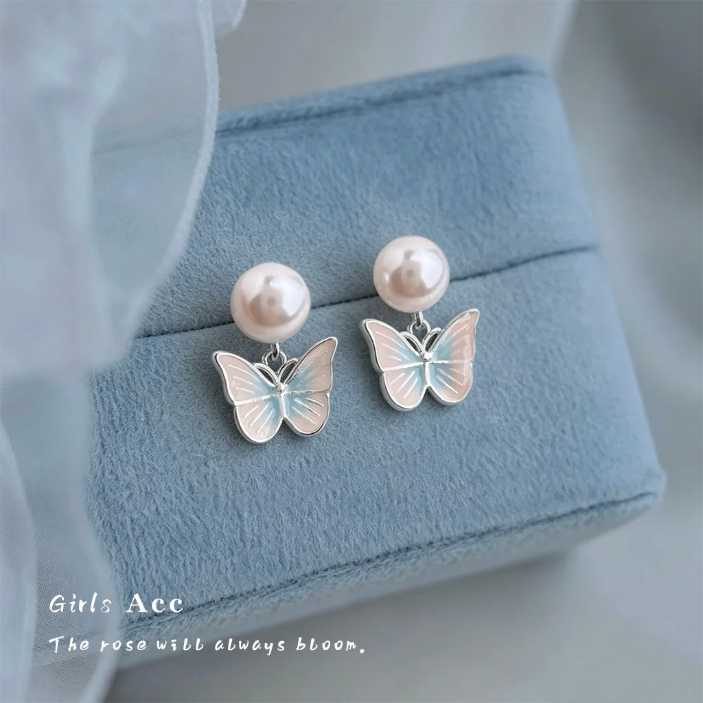 2026 Summer Gradient Pink Blue Enamel Glaze Butterfly Earrings Minimalist Small Pearl Studs Korean Fashion Fresh Women Ear Drops