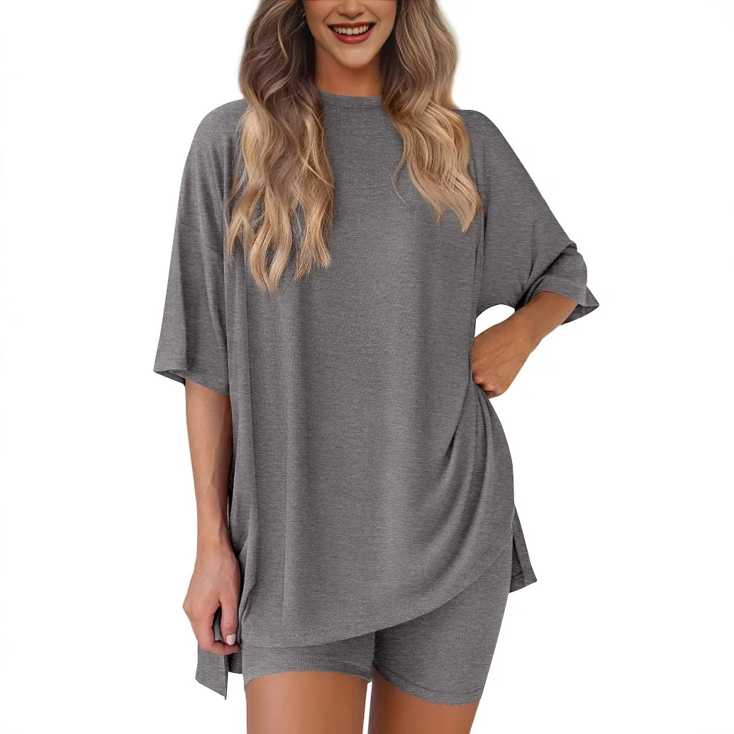 

2025 Women's Summer Solid Two-Piece Set Casual Oversized Shirts Biker Shorts Matching Airport Travel Outfit Split Hem Lounge