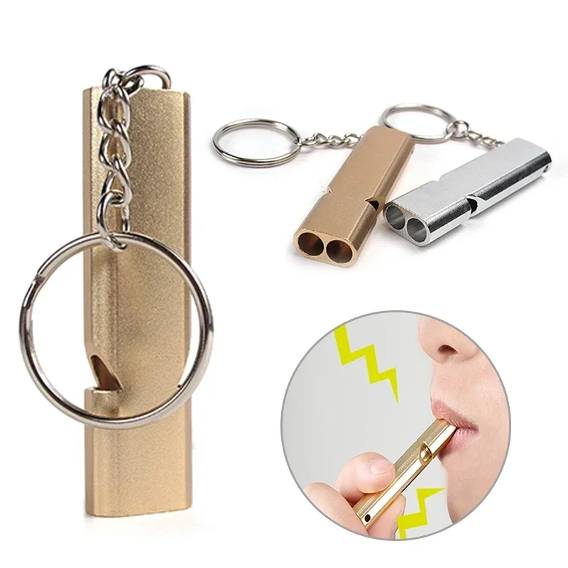 1PC Portable Aluminum Safety Whistle Outdoor Hiking Camping Survival Emergency Key Chain Multi-tool Double Tube Survival Whistle