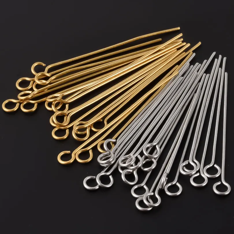 

100pcs/Lot Real Gold Plated Stainless Steel Eye Head Pins For Jewelry Making Supplies Nine Character Needle DIY Connectors Bulk