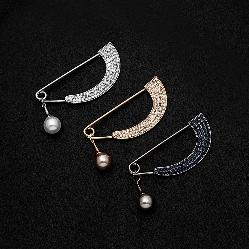 Fashionable D-shaped Pins Full Cover Rhinestones Metal Pin with Imitation Pearl Ornament Silk Scarf Safety Pins