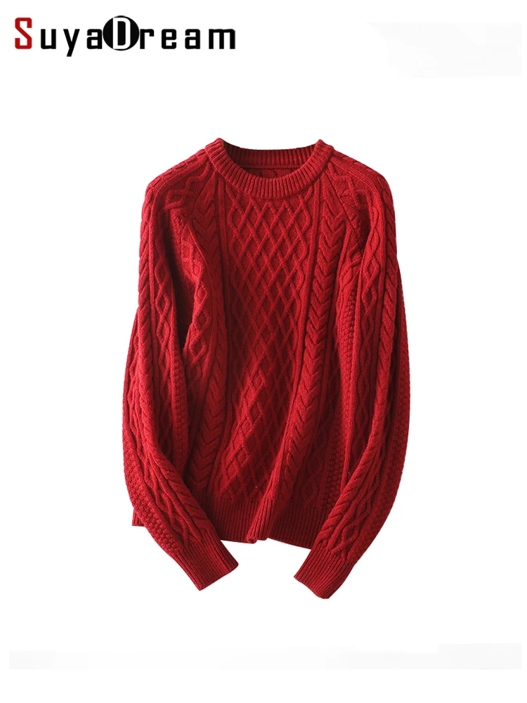 

SuyaDream Women's 100%Merino Wool Argyle Pullovers Crew Neck Warm Sweaters 2024 Autumn Winter Tops Red Grey Green