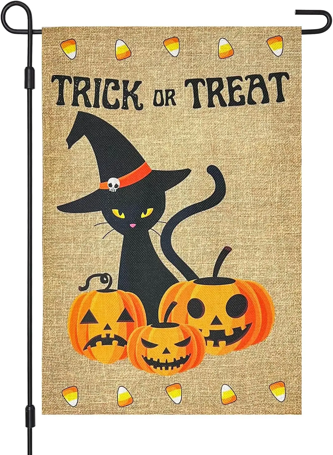 Halloween Trick Or Treat Black Cat and Pumpkins Burlap Garden Flag, Double Sided 12×18 Inch Halloween Jack-O-Lantern, Outside