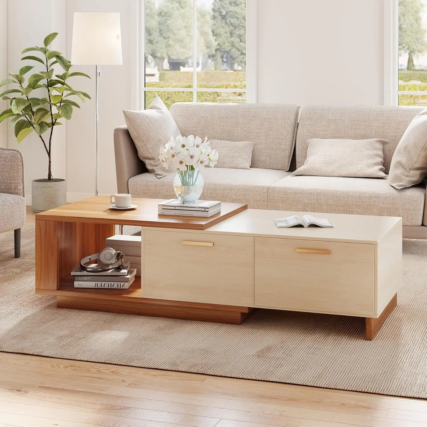 طاولة قهوة قابلة للتمديد مقاس 42 بوصة - 65 بوصة مع مساحة تخزين، طاولة قهوة خشبية قابلة للعكس مع درجين، علامة تبويب مركزية كبيرة قابلة للتعديل بلونين