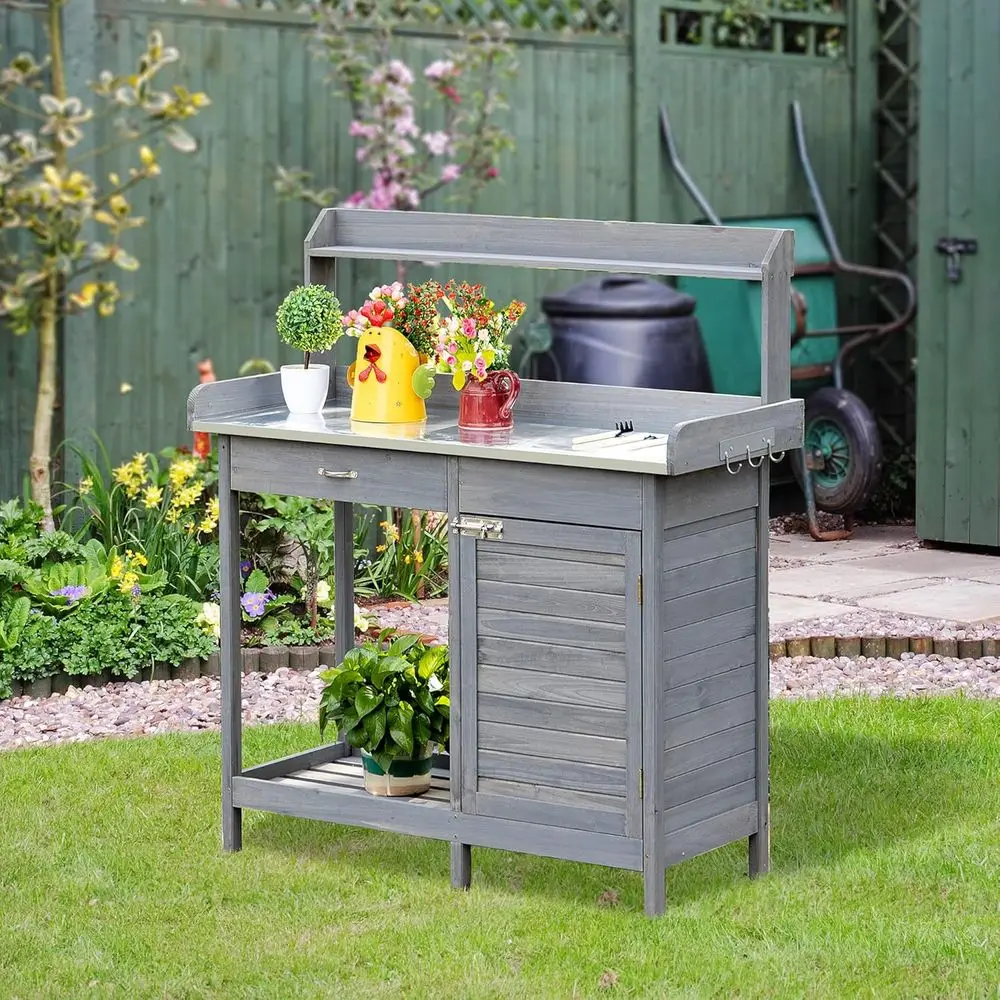 

Outdoor Wooden Potting Bench with Storage, Lockable Cabinet, Hooks, Drawers, and Shelves, Durable for Patio and Balcony, Gray