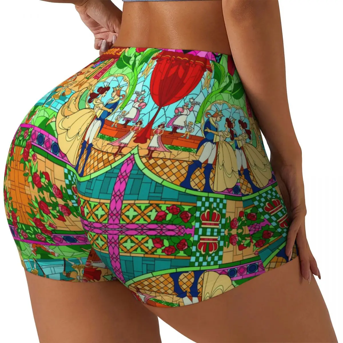 Custom Beauty And The Beast Glass Volleyball Biker Workout Shorts Women's Gym Athletic Yoga Shorts