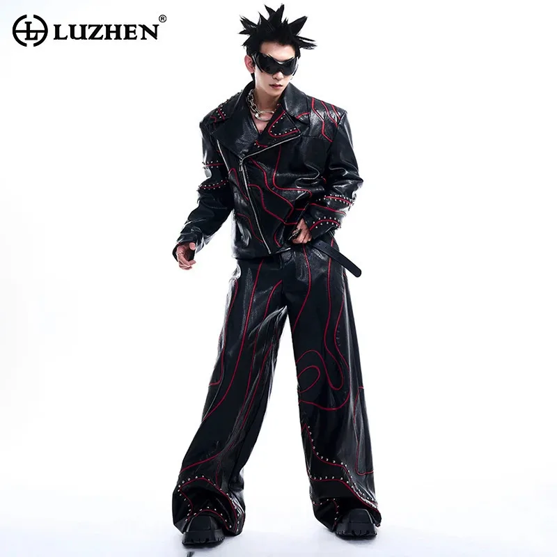 LUZHEN Leather Jacket Motorcycle Punk Luxury High End Pants Rivet Metal American Designer Original Male Punk American LZ6272