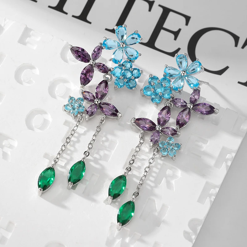 SENYU Fashion Sweet Pink Daisies Flower Long Earring Luxury Waterdrop CZ Crystal Shiny Jewelry Exquisite Bride Earrings