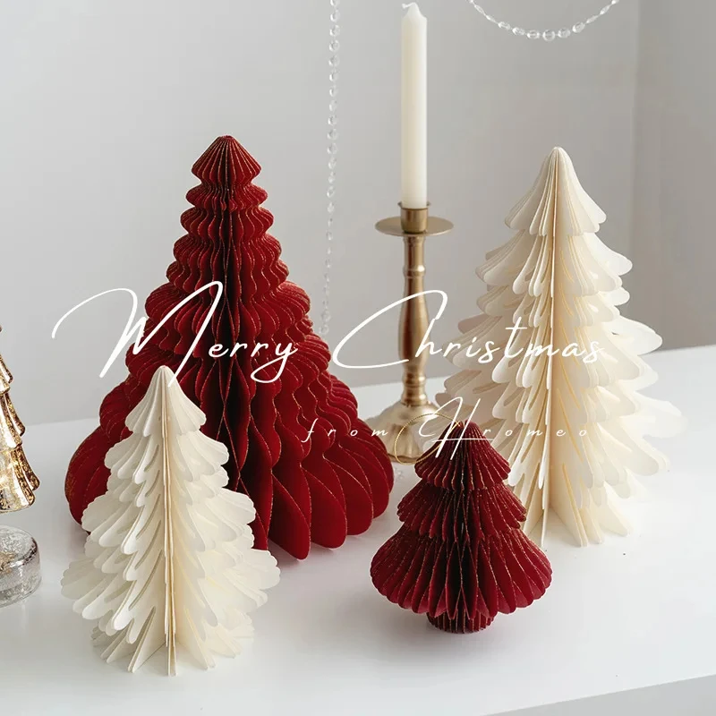 2pcs/set Paper Honeycomb Ball Mini Christmas Tree Fun Christmas Ornaments Handmade Origami Xmas Tree Model DIY Home Decor Crafts