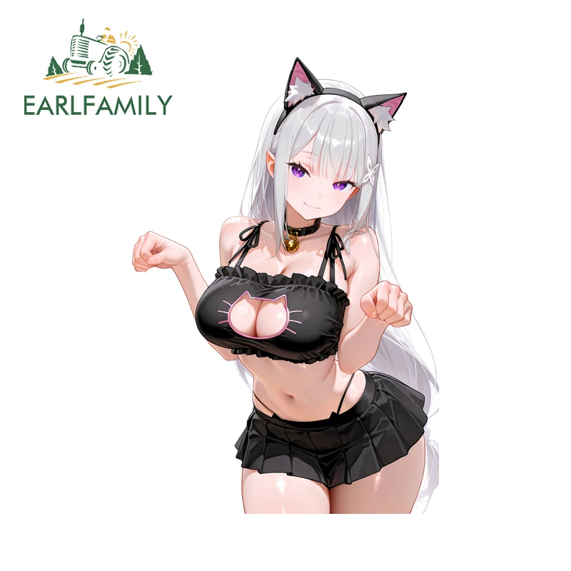 EARLFAMILY Sexy Cat Girl Anime Car Stickers Attractive White Hair Waifu Graphics Decals High Quality JDM VAN Custom Printing