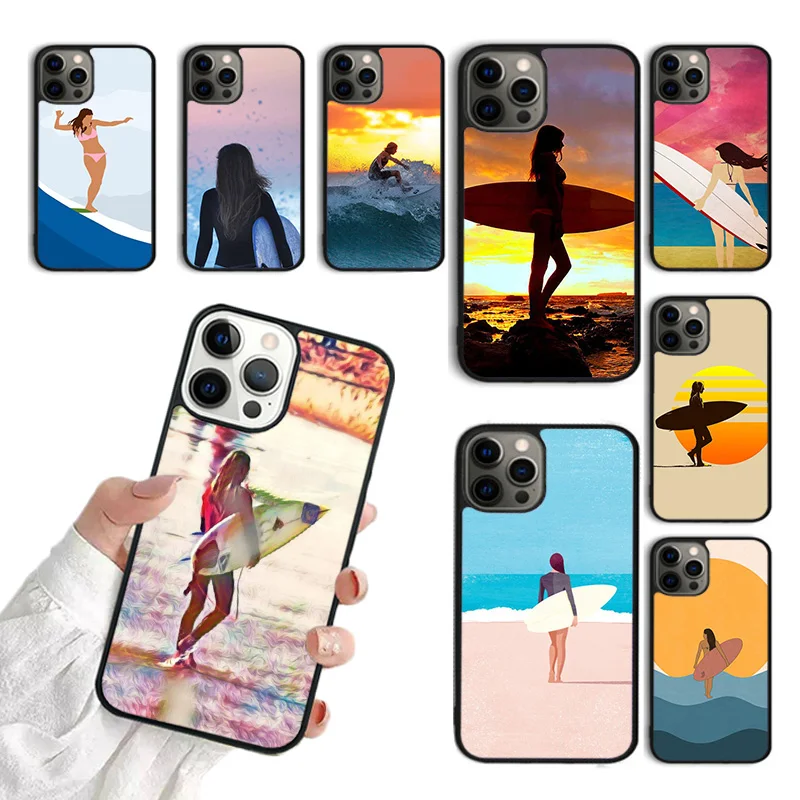 surfboard surfing art surf Girl Phone Case For iPhone 15 16 11 12 13 14 Pro Max Mini Cover For iPhone Max 7 8 Plus Fundas