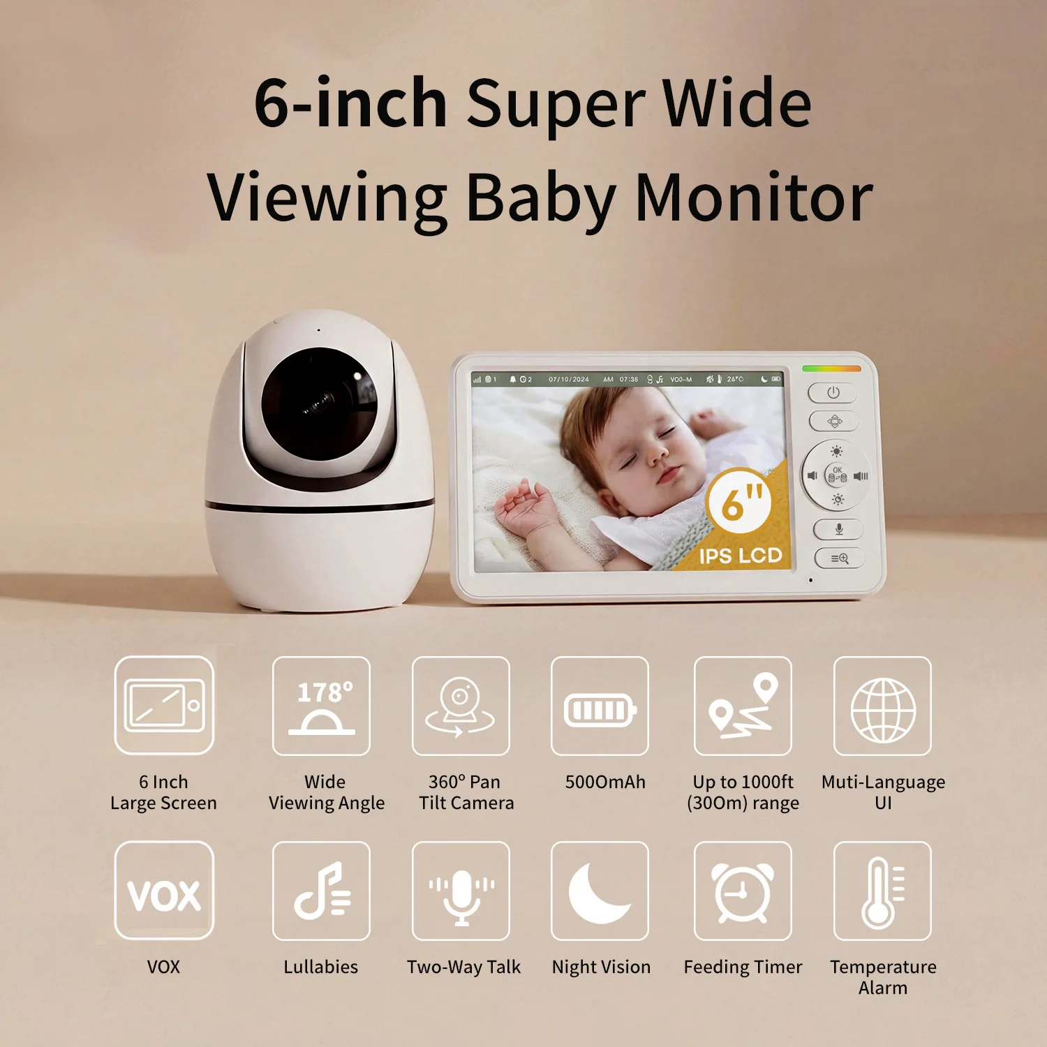 BM6K09L 6-inch baby monitor, wireless voice intercom baby monitor with screen, children