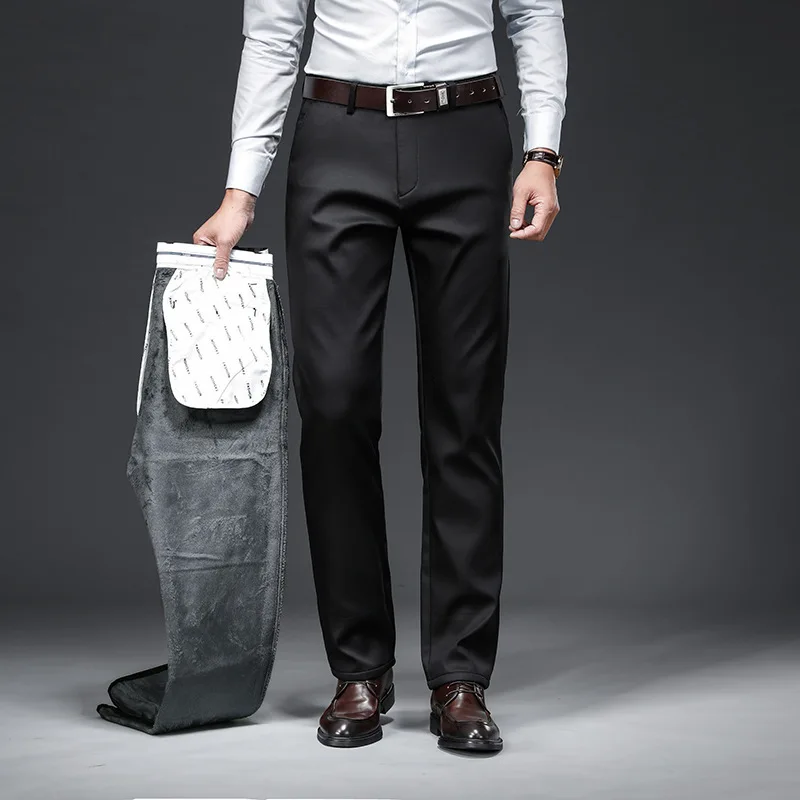 2024 New in Winter Pants Men Straight Stretch Fleece Thicken Warm Trousers Male Brushed Classic Golf Work Black Business Casual