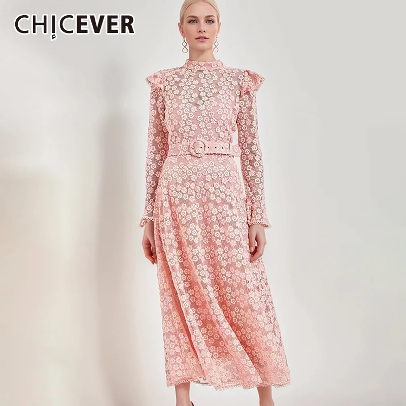 

CHICEVER Flower Embroidery Dresses For Women Stand Collar Flare Sleeve High Waist With Belt Patchwork Spring Long Dress Female
