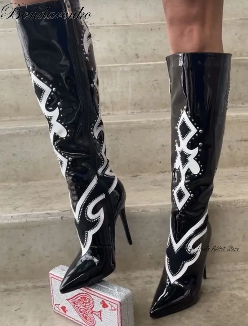 Black Studded Print Leather Knee High Boots Women Pointed Toe Zipper High Heels Sexy Boot Luxury Designer Party Shoes on Offer