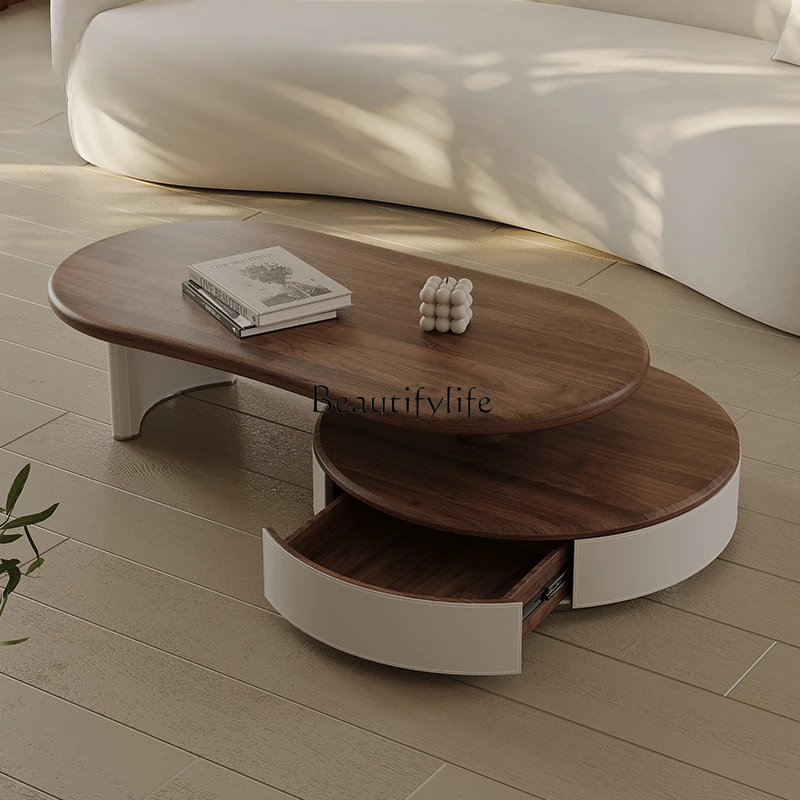 Medieval style walnut pattern retractable round coffee table high-end simple saddle leather retro style coffee table