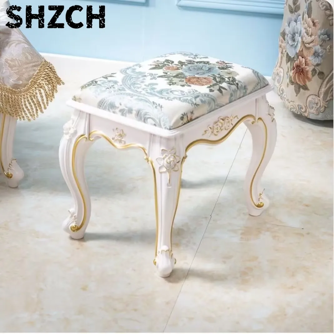 European Makeup Stool Imitation Solid Wood American Dresser Stools White Bedroom Modern Simple Nail Stool Household Ottomans