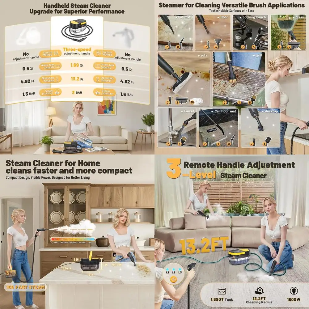 

Портативный 3-уровневый пароочиститель с нагревом за 15 секунд, баком на 1,69 литра и 15 насадками для уборки дома, автомобиля и плитки