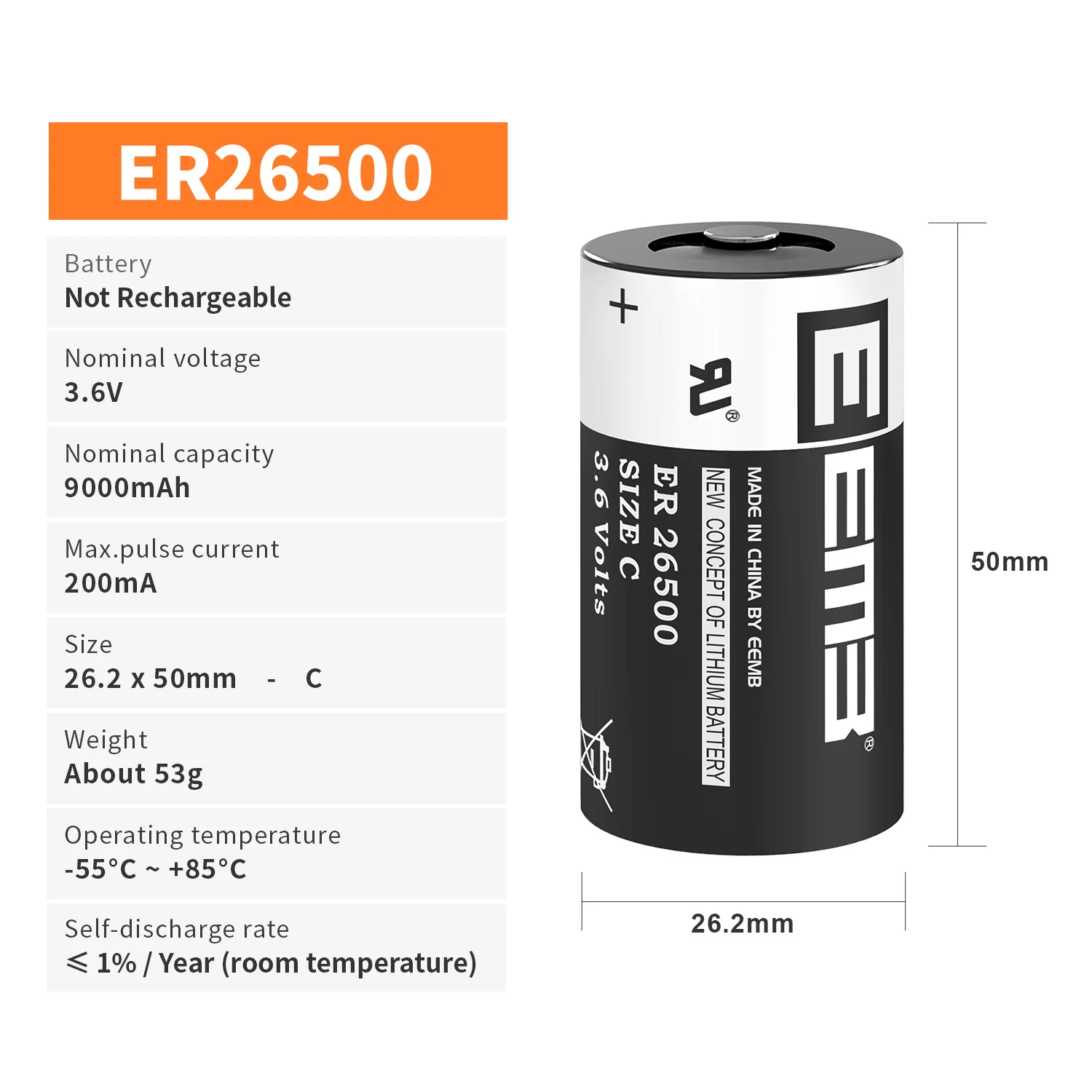 EEMB 3.6V 26500 C Size Batteries 9000mAh ER26500 Lithium Battery Non-rechargeable for Water/Gas Meter Window Sensor Home Monitor