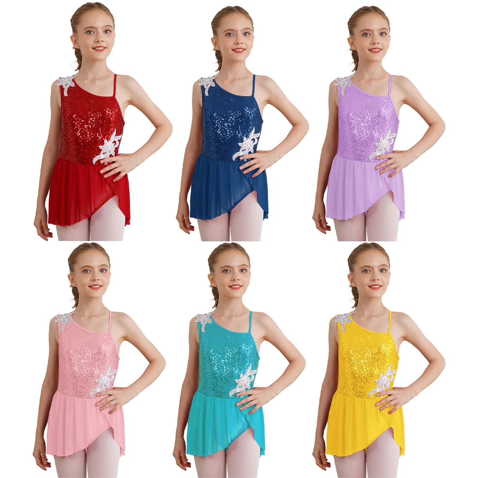 Kids Girls Ballet Leotard Figure Skating Latin Dance Dress Oblique Shoulder Lyrical Dancewear for Ice Skating Stage Performance