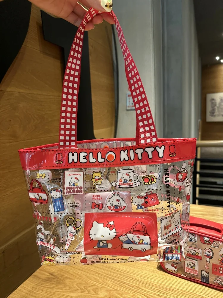 Kawaii Sanrio Anime Hello Kitty Pvc Large Capacity Shoulder Bag Cute Cartoon Waterproof Shopping Bag Student Handbag Gifts